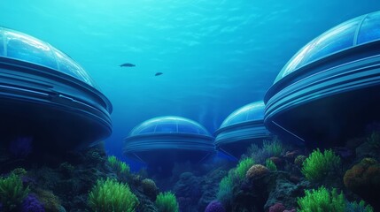 Futuristic Underwater Research Settlements Surrounded by Colorful Coral Reefs and Marine Life Beneath the Clear Ocean Waters