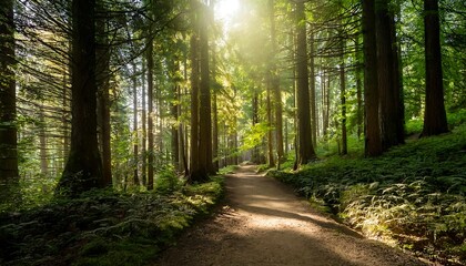 Obraz premium Sunlit forest path through tall trees.