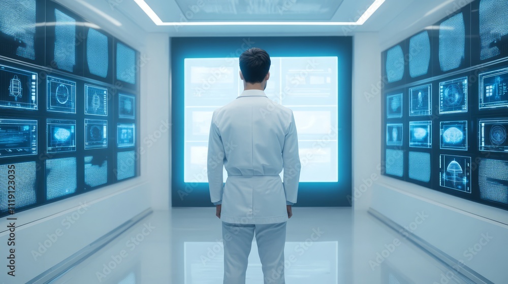 Poster scientist in modern laboratory analyzing advanced data on digital screens in futuristic research fac