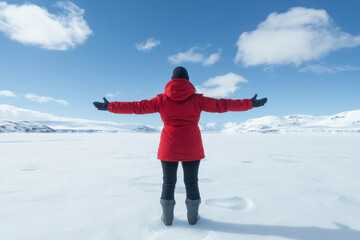 traveler in red jacket stands with open arms on vast ice landscape, embracing serene beauty of nature