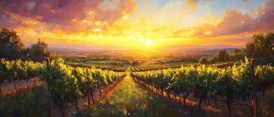 sunset vineyard landscape panoramic view of grapevine fields summer vineyard rows italy nature...