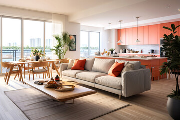 Fototapeta premium Elegant Chair Table Modern Furniture Interior Design Wide Window Interior Decoration