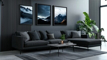 Modern Living Room with Dark Tones and Mountain Art, Featuring Stylish Furniture and Lush Greenery for Contemporary Interior Design Inspiration