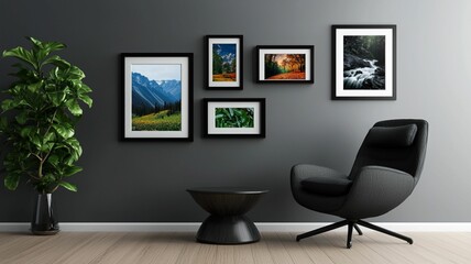 Modern Interior Design Featuring Stylish Black Chair, Decorative Plant, and Gallery Wall of Framed Nature Photographs in a Serene Living Space