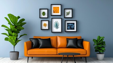 Modern Living Room Setup with Vibrant Orange Couch and Stylish Wall Art, Featuring Potted Plants Against a Soft Blue Background for Contemporary Home Decor Inspiration