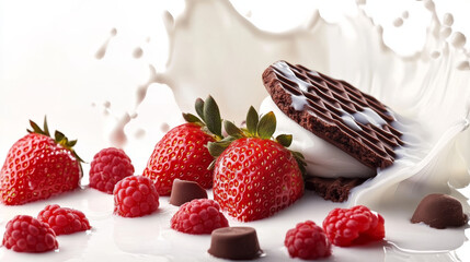 Wafer Chocolate, Strawberry, Milky liquid splashing in the middle isolated on white background, Vector realistic in 3d illustration.