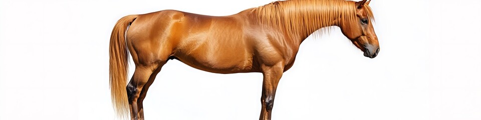 Obraz premium Elegant chestnut horse, standing alone, white backdrop, full body, detailed image.