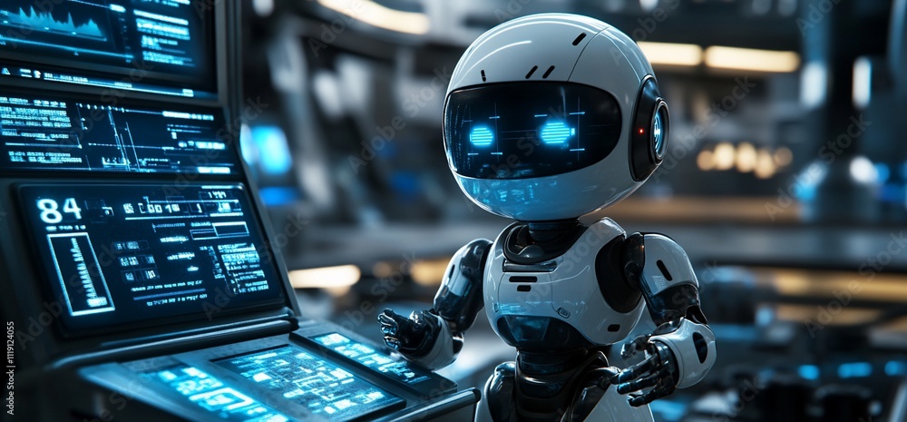 Poster cute robot operating futuristic control panel with glowing blue interface.