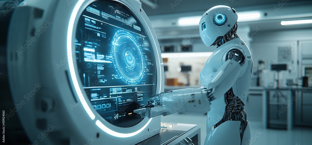 Poster robot interacting with futuristic digital interface.