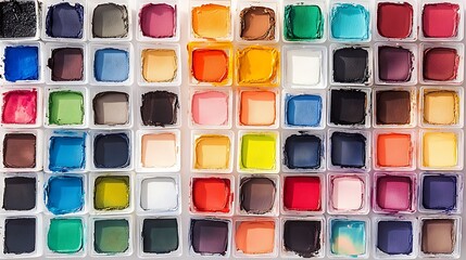 Vibrant watercolor paint palette with various colors in individual squares.