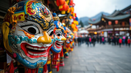 Obraz premium Brightly colored masks displayed at open air cultural festival, showcasing vibrant designs and intricate details, attracting many visitors