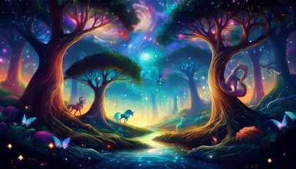 Enchanted forest with mystical creatures and stars.
