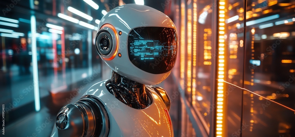 Poster futuristic robot in a server room.