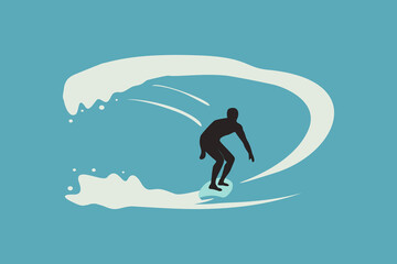 Surfer balancing on a surfboard. Beach sport activity. Big wave of ocean water.