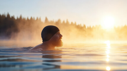 Fototapeta premium swimmer enjoys golden hour light reflecting on water surface, creating serene atmosphere