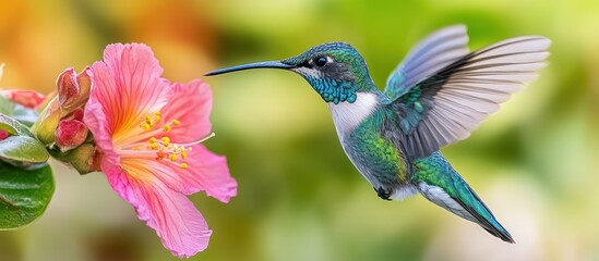 A hummingbird hovers in mid-air with its wings spread wide, its beak outstretched toward a pink flower.