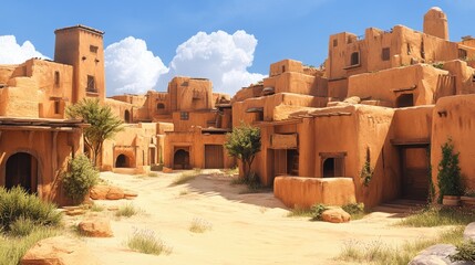 Sun-drenched desert village with clay buildings, palm trees, and sandy pathways under a bright sky.