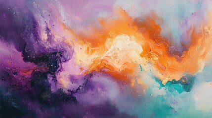 Fototapeta premium Vibrant Abstract Painting in Orange Purple and Turquoise with Swirling Patterns and Dreamy Atmosphere