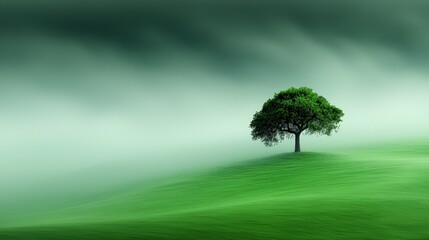 Serene Misty Mountaintop  Solitary Tree in Green Field Landscape