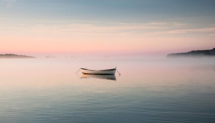 Naklejka premium Serene boat on a misty lake at dawn.