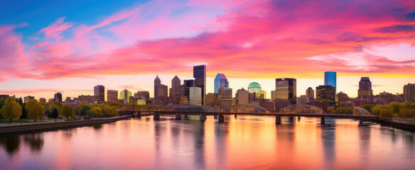 Naklejka premium Stunning Sunset Skyline Over River City Panorama