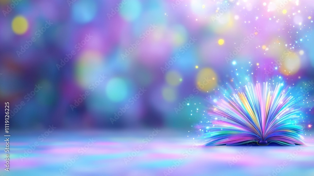 Poster magical open book glowing pages fantasy rainbow light abstract background bokeh spar