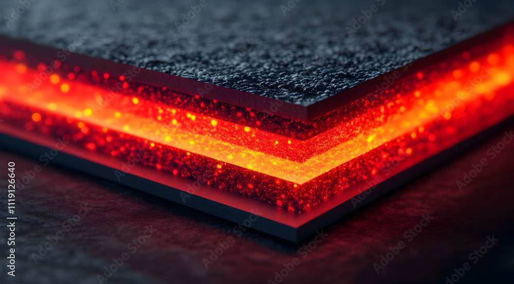 Poster a close-up view of layered materials featuring vibrant red glowing lines against a textured dark sur