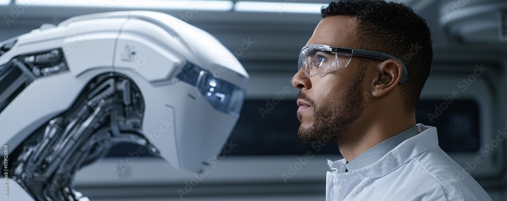 Poster exploring human-robot interaction in a futuristic lab setting technology science close-up view innov