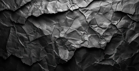 Abstract Black Crumpled Paper Textured Background with Dramatic Lighting and Deep Shadows