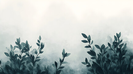 A serene, artistic depiction of dark green leaves against a soft, misty background, creating a tranquil atmosphere.