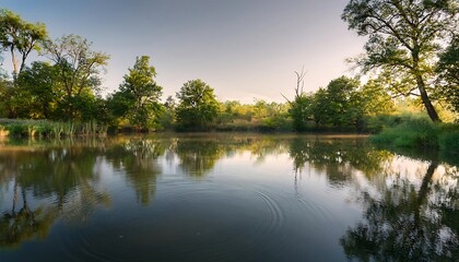 Fototapeta premium Serene river scene with lush greenery and reflections.