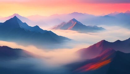 Serene mountain landscape at dawn with mist.