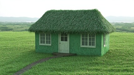 Eco Friendly Green House  Thatched Roof  Grass Field  Landscape