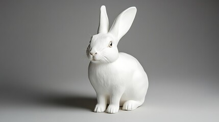 White rabbit figurine, sitting pose, isolated on grey background.