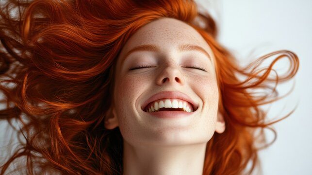 Joyful redhead smiling studio setting portrait photography bright environment close-up view happiness concept