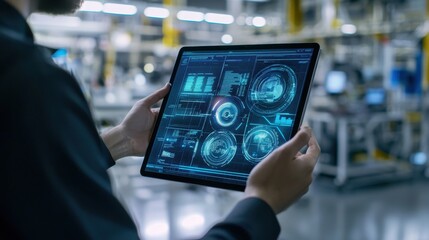 A cybersecurity specialist working on a tablet with a holographic display showing potential threats across a global supply chain network