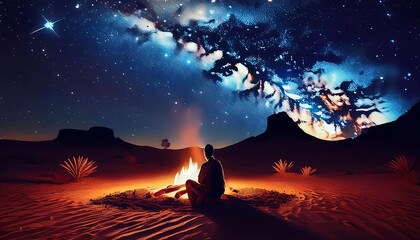 Person by a campfire under a starry sky.