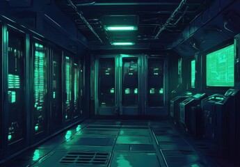 Futuristic server room corridor with teal lighting.