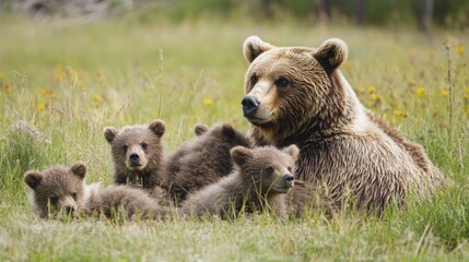 Obraz premium A Brown Bear Mother and her Cubs Resting in the Meadow