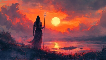 Silhouette of Lord Shiva Holding Trident at Sunset in Watercolor Style