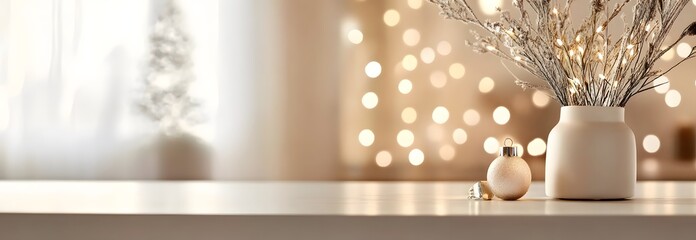 There is a wooden tabletop with a window in the background, Christmas by the window with snow falling，banner