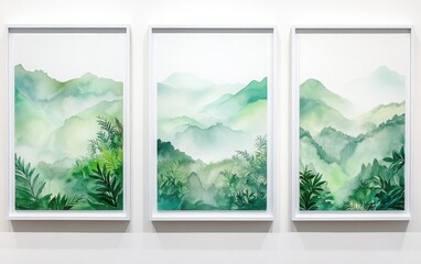 Three frames are displayed on a white wall, each showcasing a three-dimensional watercolor landscape painting. 