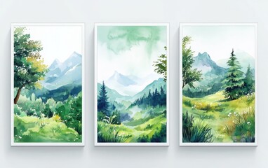 Three watercolor landscape paintings, each displayed in a frame on a white wall, showcase vibrant green plants, trees, and mountains. 