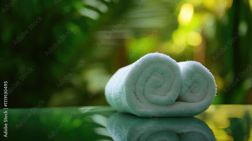 Aufkleber Soft White Rolled Towels on Reflective Surface in a Lush Green Background Creating a Serene and Relaxing Atmosphere for Wellness and Spa Environments