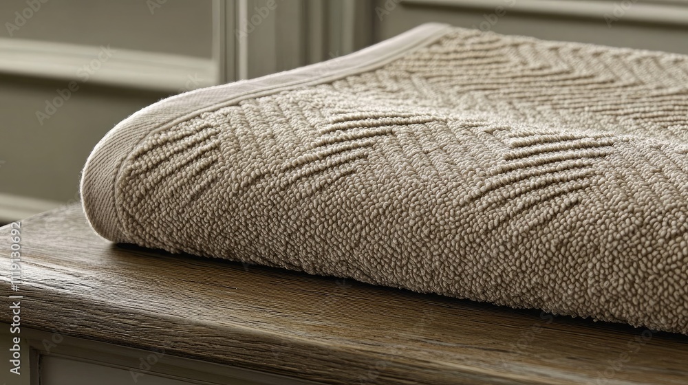 Poster elegant textured towel draped on a wooden surface showcasing subtle patterns and softness, perfect f
