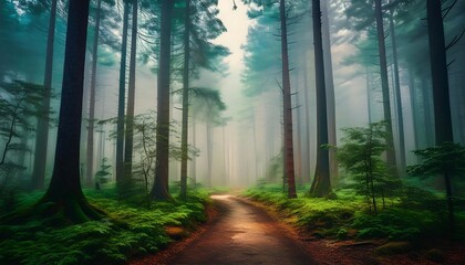Fototapeta premium Misty forest path with lush greenery.