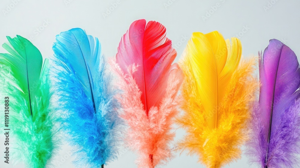 Aufkleber vibrant and colorful feathers displayed in a gradient arrangement on a light background for creative