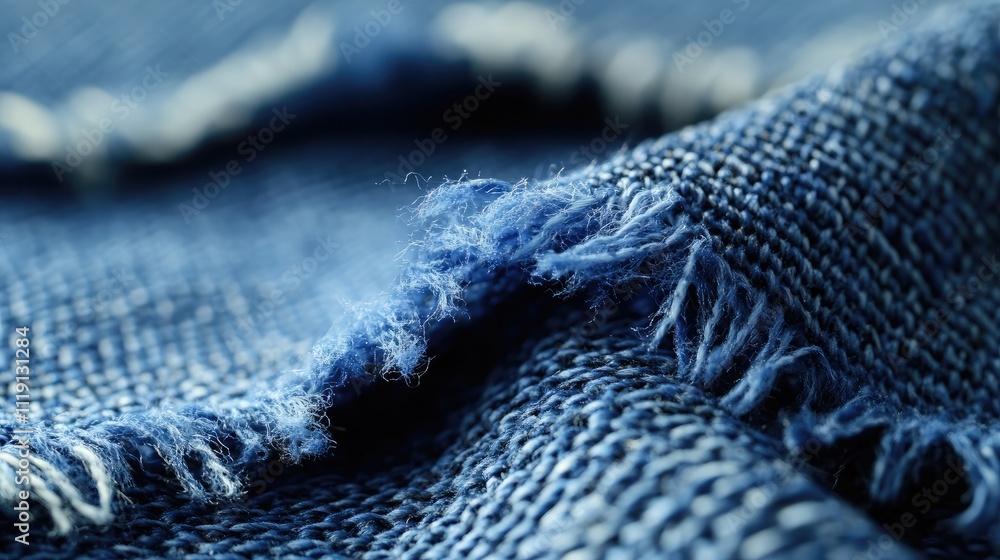 Poster close-up view of soft blue fabric texture with frayed edges, ideal for textile and fashion applicati