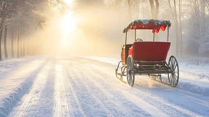 A Red Carriage Decorated for Christmas in a Snowy Forest at Sunrise