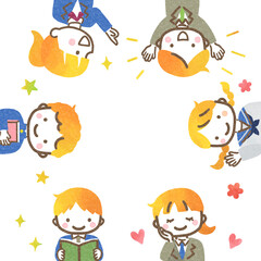 輪になる制服の子供たち